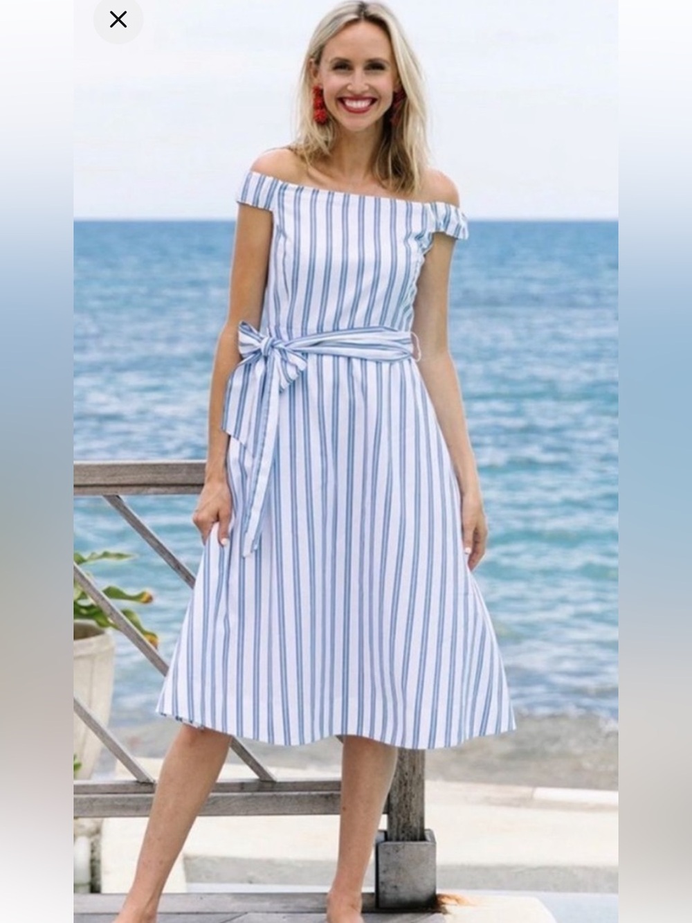 New Draper James Off The Shoulder Stripe Dress Midi Blue Multi Womens Size 4